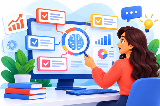 Woman analyzing data and ai brain charts on computer screen in 3D data analysis artificial intelligence