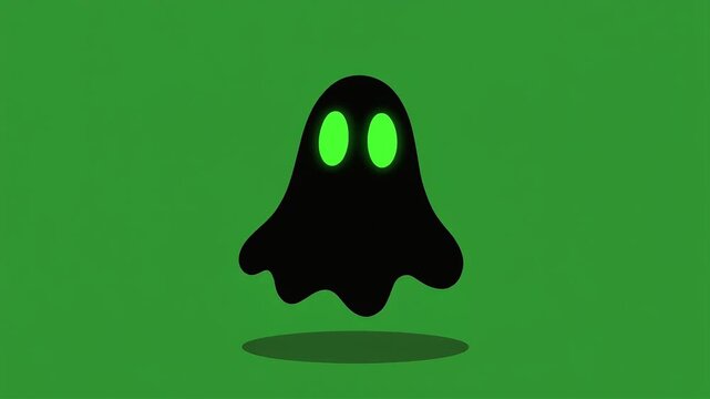 Spooky glowing green eyed black ghost floating gently in midair against a solid vibrant green background
