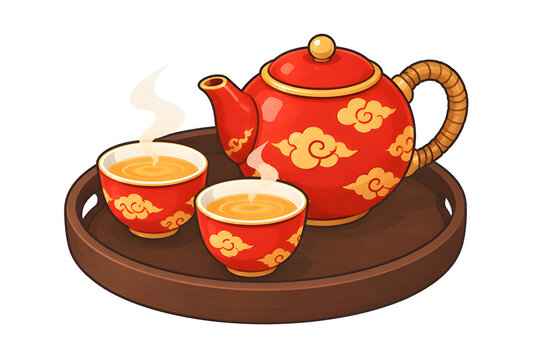 Cute traditional Chinese teapot and teacups set vector flat cartoon illustration