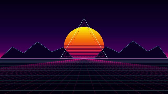 Retro synthwave landscape with glowing sun and neon grid 80s cyberpunk aesthetic background