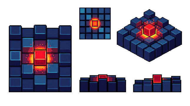 Isometric Pixel Art Cube Grid With Glowing Center