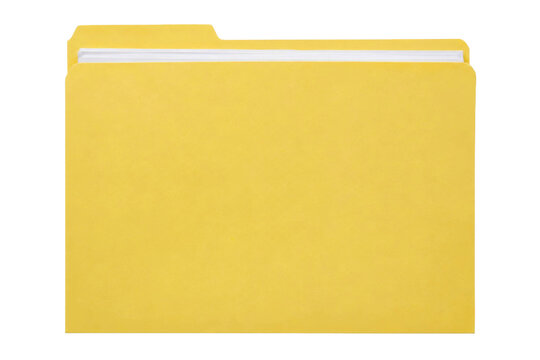 A bright yellow manila file folder containing white documents isolated on a clean white background
