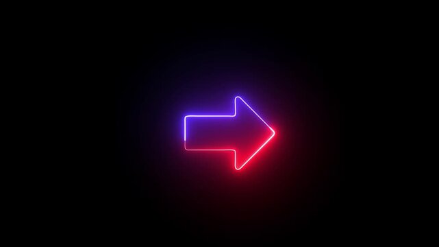 Glowing neon red and blue arrow pointing to the right on a dark black background bright light effect in the shape of a rightward