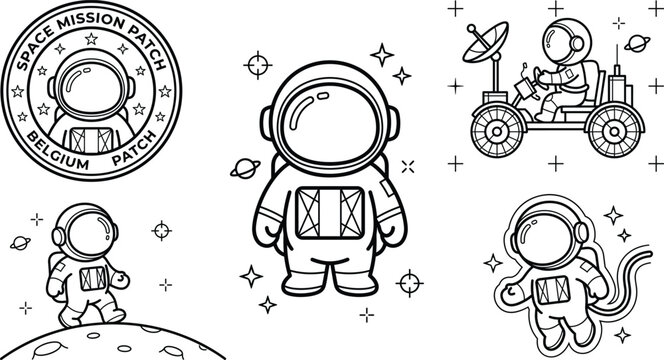 Space astronaut mission cartoon character and moon rover exploration outline vector set