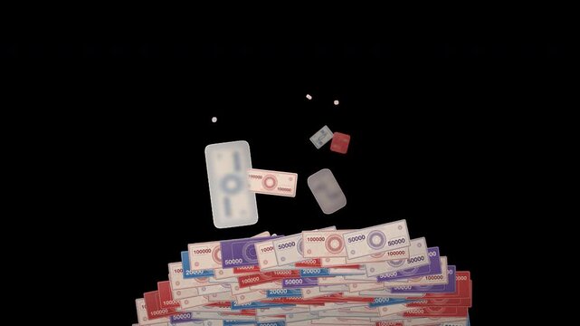 Rupiah bills falling onto cash stack alpha channel matte loop