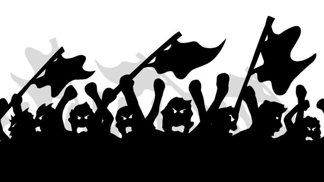 Looping silhouette animation of a crowd of protesters waving flags and raising hands during a demonstration
