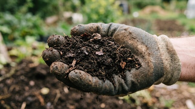 Hand in protective glove holding rich dark organic compost soil for sustainable farming  