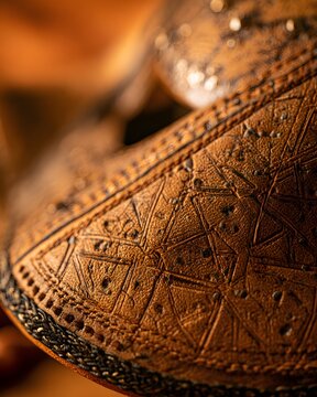 Detailed view of a handcrafted brown leather piece with geometric carvings and braided trim