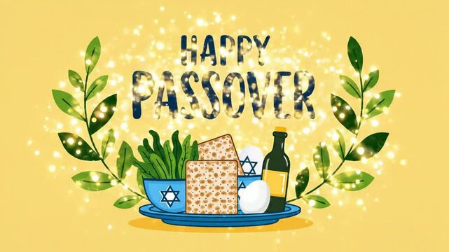 Happy passover greeting animation with seder plate traditional symbols, matzo, wine, and sparkling magic lights