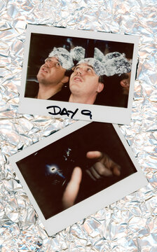 Man With Tin-Foil Cap Looks at Finger Touching Mirror in Instant