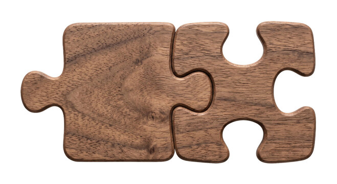 Two interlocking wooden puzzle pieces isolated on a clean white background for business concepts