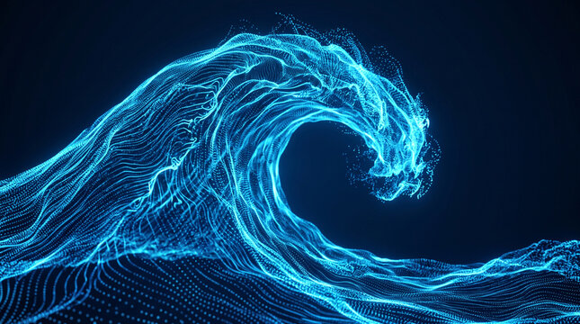 A vibrant ocean wave constructed from glowing blue carbon particles forms a dynamic swirling structure particle luminescent digital rendering abstract
