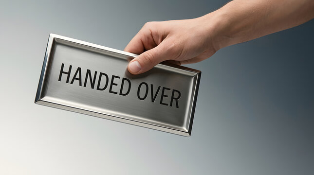 Handed over, hand and metal plaque for business completion, ownership transfer and project success. Corporate transition, legal responsibility and official agreement with professional delivery status
