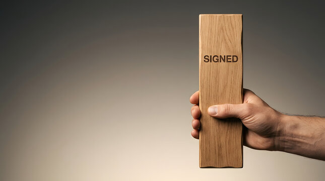 Signed, business and agreement on wooden plank for legal contract, real estate deal and corporate commitment. Professional person, document and wood with success, partnership and message of value