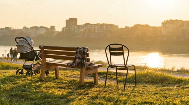 Empty wooden park bench and modern stroller sitting quietly near calm river during sunset