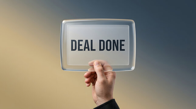 Deal done sign, hand and glass plaque for business success, agreement and partnership achievement. Professional person, contract and corporate goal with growth, motivation, winning and progress