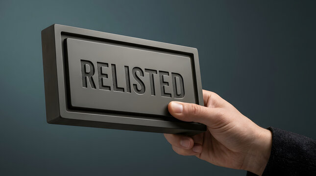 Relisted product sale, hand holding black sign for e-commerce, marketplace and retail auction. Seller, internet and digital shop with message, online business and trading item on grey background