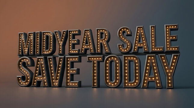 Midyear sale sign, marquee lights and promotion for discount, marketing and retail. Store offer, clearance and deal with illuminated letters, glowing bulbs and commercial advertising for shopping