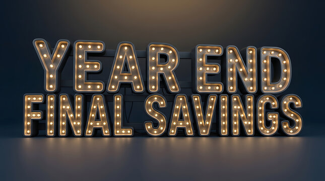Sale, year end and savings with marquee light for retail promotion, marketing campaign and special offer. Discount, signage and glowing bulb with bulbs, clearance and price reduction for shoppers