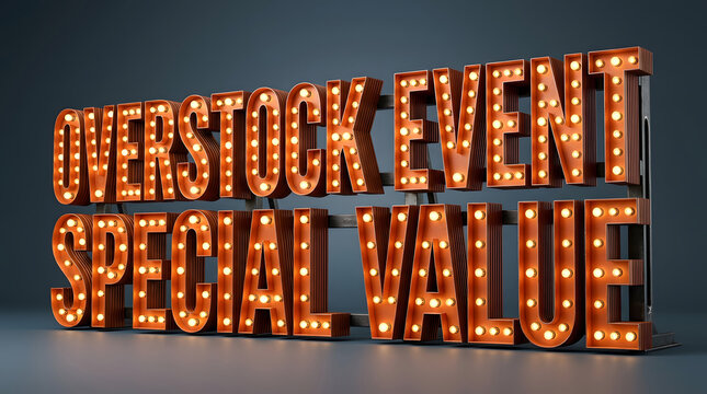 Overstock event sign and marquee lighting for retail sale, commercial promotion and business marketing. Special value, neon bulbs and vintage lettering with glowing lights, shop decor and discount.