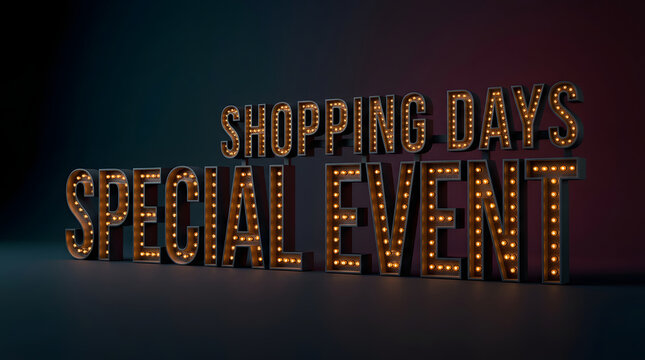 Shopping days, special event and marquee lights for retail promotion, marketing sale and business advertisement. Sign, bulb and discount with luxury typography, commercial offer and seasonal deals