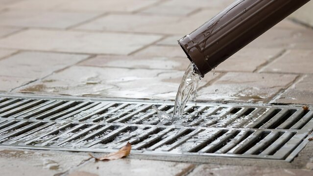 Rainwater flowing from a brown gutter downspout into a metal storm drain grate on a paved patio surface during a heavy storm for drainage concept