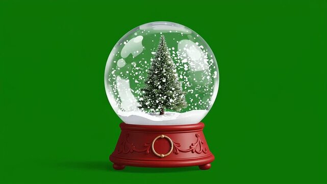 Festive Christmas snow globe with a tiny pine tree inside, set against a green background for holiday celebration and seasonal greeting card concepts.