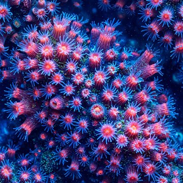 Pink and blue coral polyps macro texture, vibrant underwater reef background