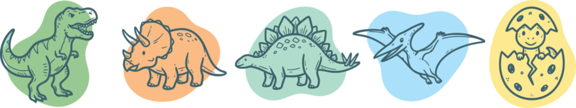 Cute prehistoric dinosaurs standing inside colorful abstract shapes featuring playful hand drawn vector characters