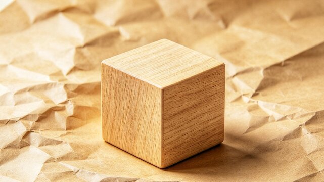 Smooth natural wooden cube on crumpled kraft paper background, minimalist geometric block