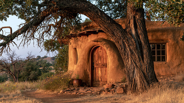 Handmade cob house arched wooden door wildflower garden adobe home rustic architecture tree shade rustic adobe house framed by mature tree with