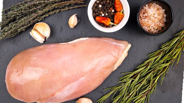 Raw chicken breast placed on a dark slate surface accompanied by fresh rosemary, garlic cloves, a bowl of mixed peppercorns with dried red chili peppers, and a small container of pink Himalayan salt.