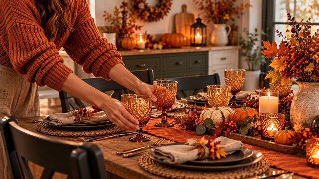 A woman arranging elegant amber glass goblets on a cozy wooden table decorated with autumn leaves, candles, and decorative pumpkins for a fall or Thanksgiving dinner party.