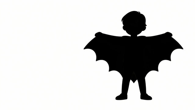 Child Wears Bat Wing Cape Halloween Silhouette on White Background with Copy Space for Kids Costume Party Banners and Autumn Celebration Illustrations