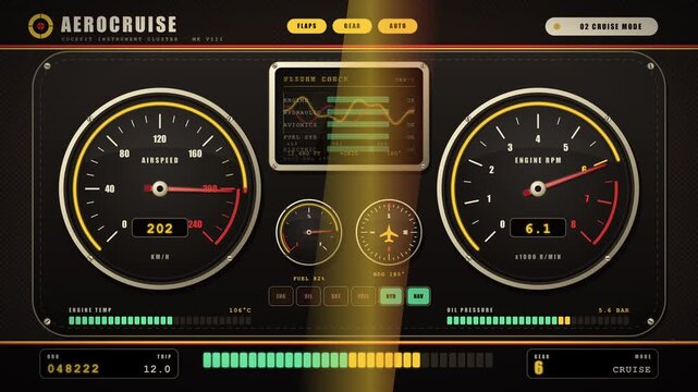 Vintage Aircraft Cockpit Dashboard Animation Loop with animated airspeed meter tachometer and instrument flight gauges