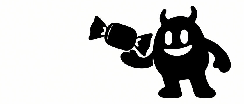 Cute Horned Monster with Wrapped Candy Halloween Silhouette on White Background with Copy Space for Kids Party Banners and Trick or Treat Illustration