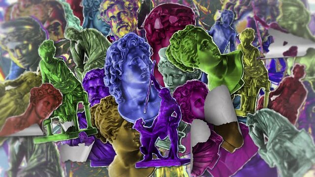 A background of lots of peel-and-stick paper stickers featuring Greek statues and busts in vibrant, playful colours, with several designs in a grunge riso-print style.
