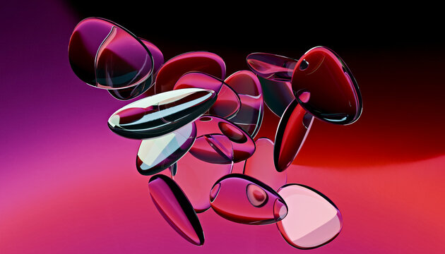 Floating cluster of 3D crimson lenses on a red gradient