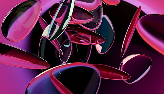 Swirling 3D glass lenses in magenta and black