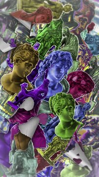 A background of lots of peel-and-stick paper stickers featuring Greek statues and busts in vibrant, playful colours, with several designs in a grunge riso-print style.
