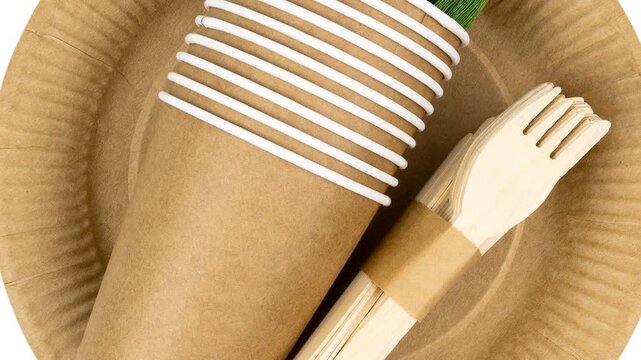Biodegradable brown paper plate accompanied by stacked brown paper cups with white rims, alongside wooden cutlery wrapped in a kraft paper band.