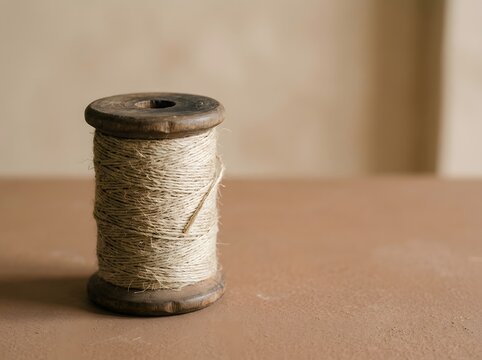 Vintage wooden spool with natural rustic linen twine thread for sewing and craft work