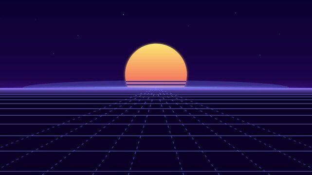 Retro synthwave horizon: 80s style digital grid landscape with glowing sunset animation