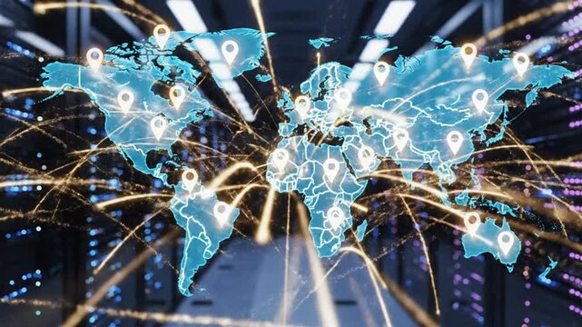 Global network data transfer and digital connectivity map over modern data center server room background