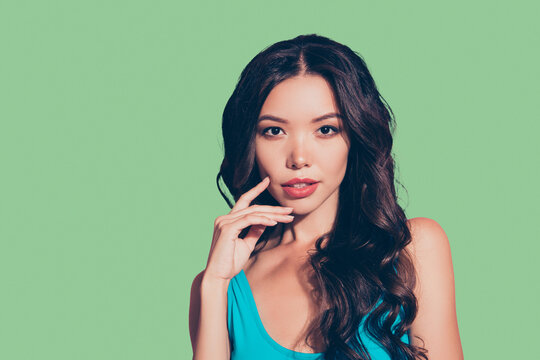 Close-up portrait of nice cute calm peaceful cunning foxy stylish trendy attractive lady in tight outfit blue swimsuit isolated over pink pastel background