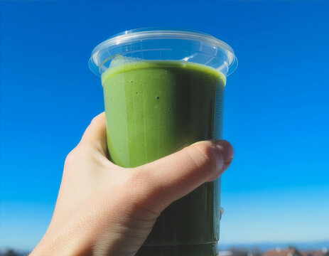 Clear green smoothie cup mockup held against blue sky