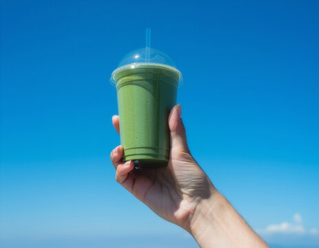 Clear green smoothie cup mockup held against blue sky