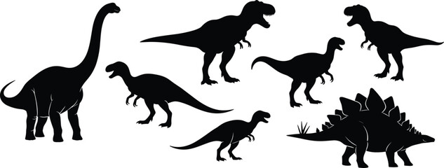 Dinosaur Silhouette Icon Set including T-Rex, Brachiosaurus, Stegosaurus, pre-historic reptiles, minimalist, isolated on white background solid vector collection © Marjana