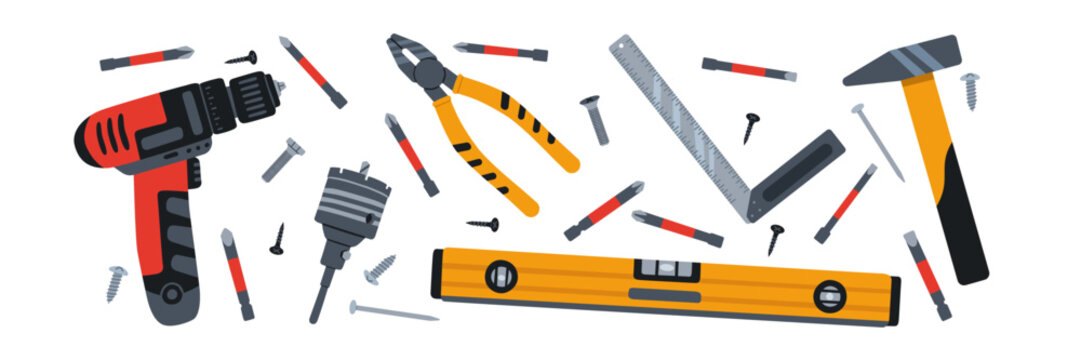 Construction tools set. Drill, hammer, pliers, level and hardware for carpentry and home repair workshop, flat vector illustration isolated on white background. Hand drawn.