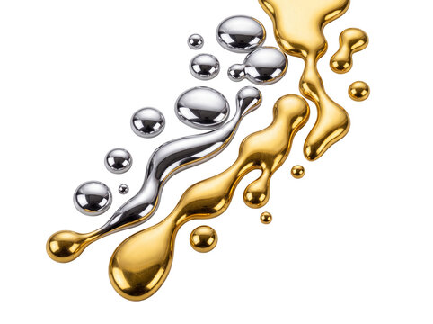 Liquid gold and liquid silver droplets dripping smoothly on dark black background, featuring shiny metallic mercury chrome splash streams creating luxury abstract fluid concept for modern art cover